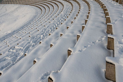 High angle view of snow covered field