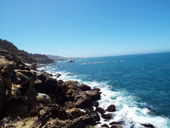 Scenic view of sea against clear blue sky