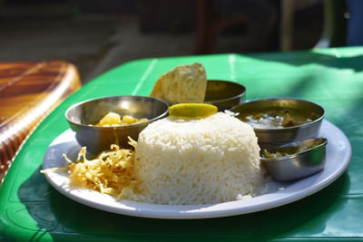 Close-up of food served on table