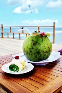 Close-up of fruits in plate on table