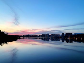 Scenic view of lake against sky at sunset