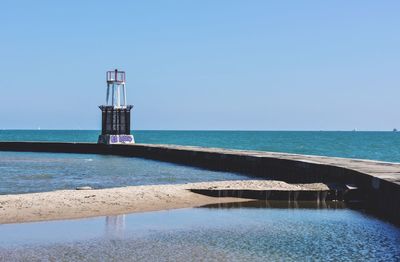 Scenic view of sea against clear blue sky