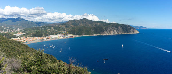 Scenic view of sea and mountains against sky