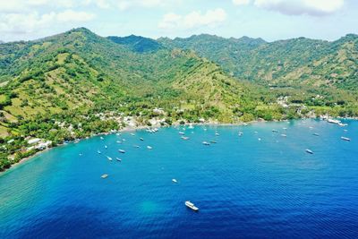 High angle view of boats in bay