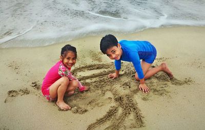 High angle view of children on beach