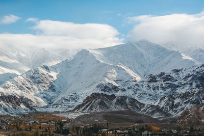 Aerial view of snowcapped mountains against sky