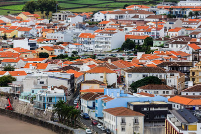 High angle view of buildings in city