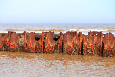 View of rusty posts in sea