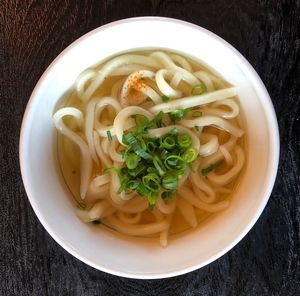 High angle view of pasta in bowl on table