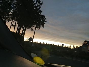 Road by trees against sky during sunset