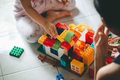 High angle view of toys on floor at home