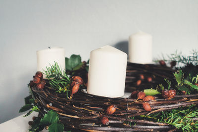 Close-up of pine cone on table