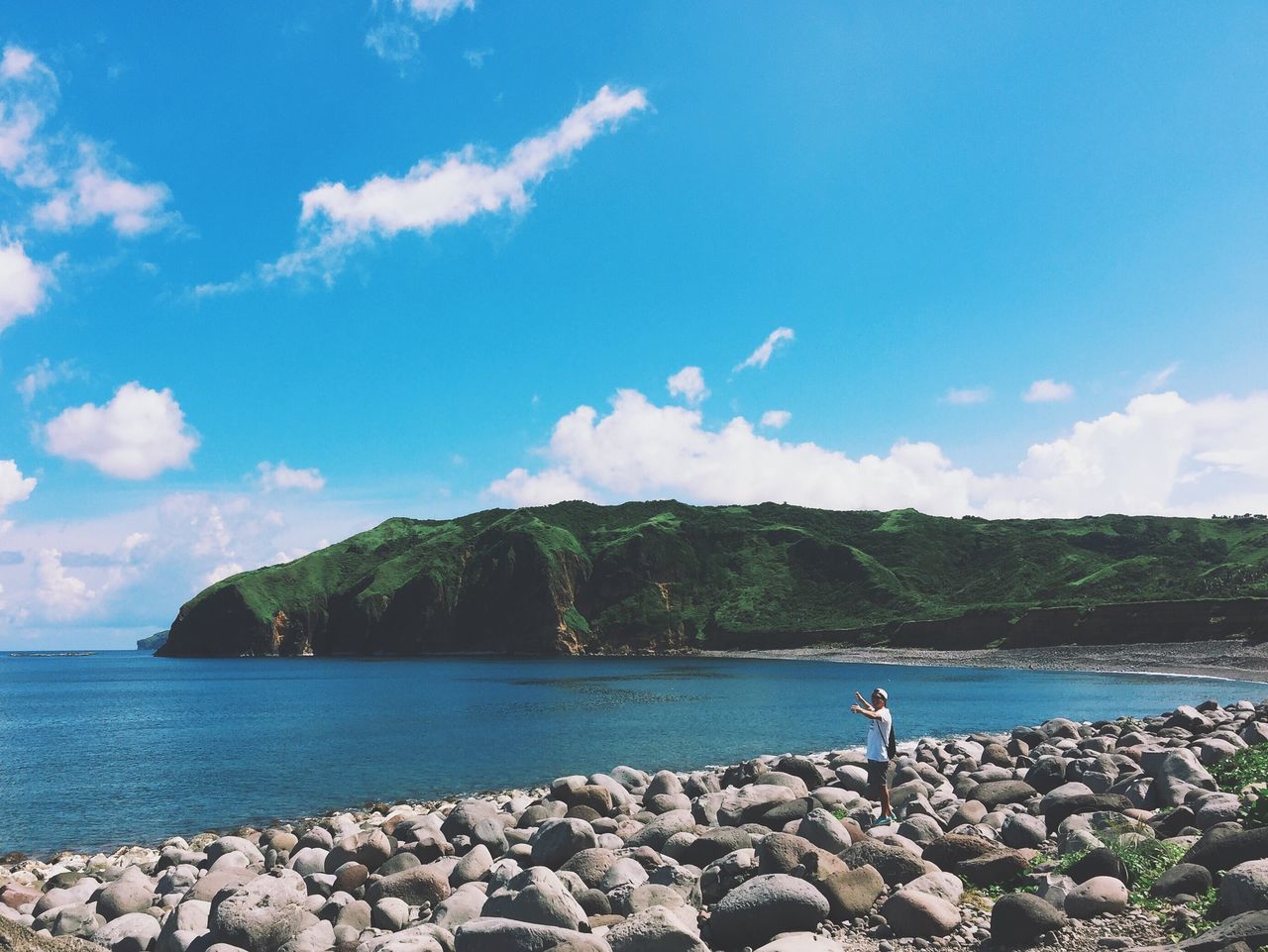 water, sky, tranquility, rock - object, tranquil scene, blue, scenics, beauty in nature, nature, sea, cloud - sky, stone - object, rock, cloud, day, stone, idyllic, lake, shore, outdoors