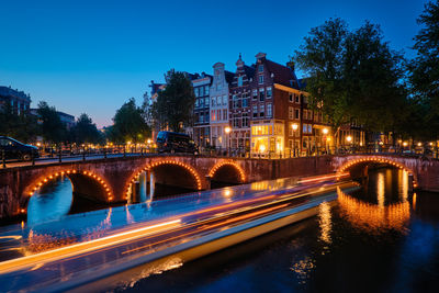 Amsterdam canal, bridge and medieval houses in the evening