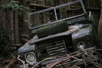 Abandoned vintage car on field