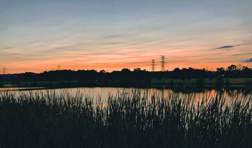 Scenic view of lake against sky during sunset