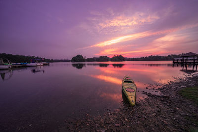 Scenic view of lake against sky at sunset