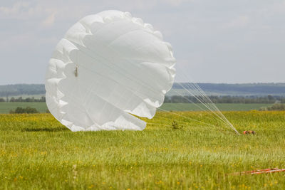 Low section of woman with balloons on field