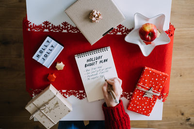High angle view of christmas decorations on table