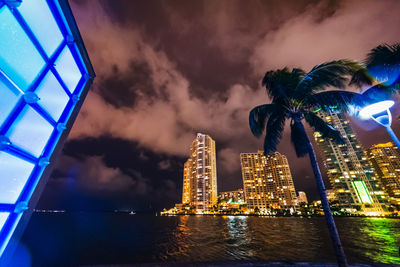 Illuminated modern buildings against cloudy sky