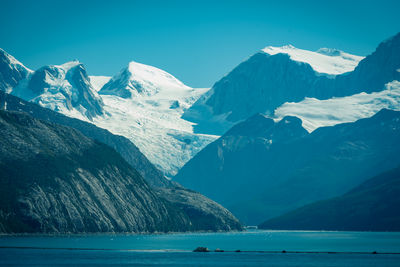 Scenic view of sea and mountains against sky