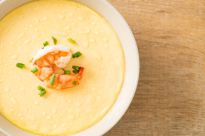 High angle view of food in bowl on table