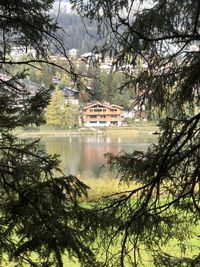 Scenic view of lake by trees and building