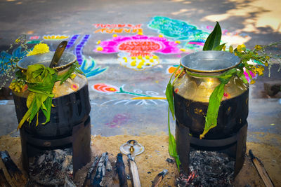 High angle view of multi colored roses on table