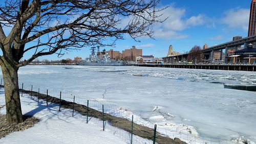 Boat near navy museum across the icy river