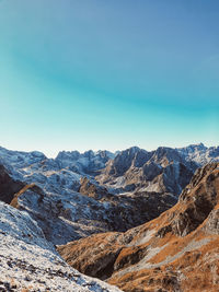 Scenic view of mountains against clear blue sky