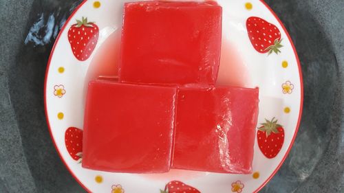 High angle view of dessert in plate on table