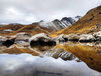 Reflection of mountain in lake against sky