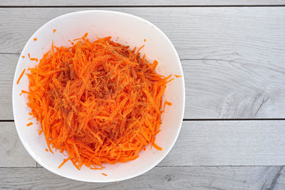 High angle view of orange in bowl on table