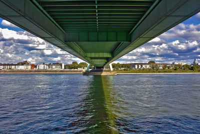 Bridge over river against sky in city