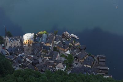 High angle view of houses in city