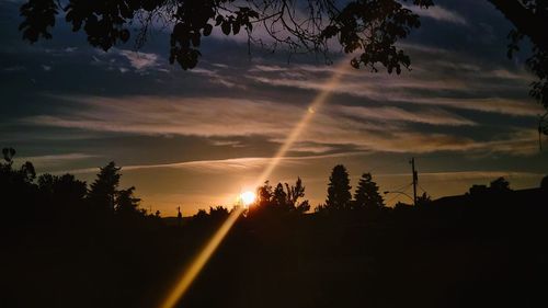 Sunlight streaming through silhouette trees against sky during sunset