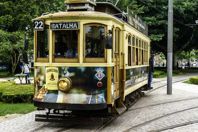 Train on railroad track in city