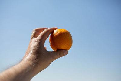 Low angle view of hand holding apple against clear sky