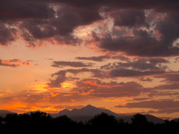 Silhouette trees against dramatic sky during sunset