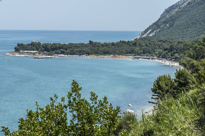 High angle view of sea against clear sky