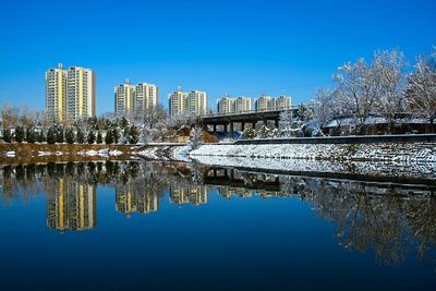 Buildings reflecting on lake during winter in city