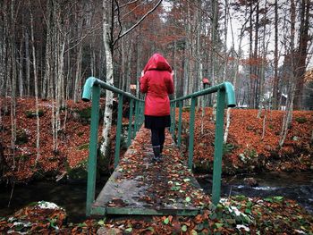 Rear view of woman in red coat walking on a bridge covered in brown autumn leaves