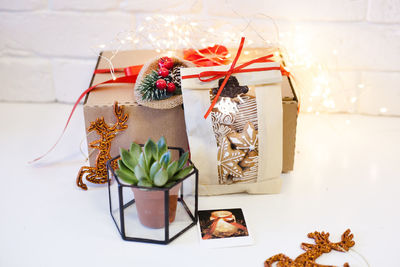 High angle view of christmas decorations on table