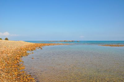 Scenic view of beach against clear blue sky