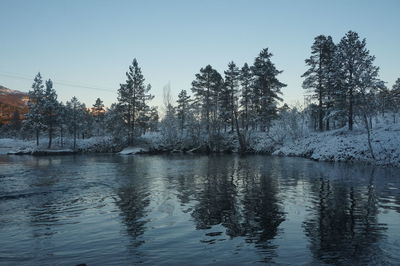 Scenic view of lake against clear sky during winter