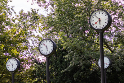 Low angle view of clock on pole against trees