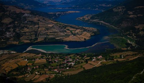 High angle view of lake and mountains