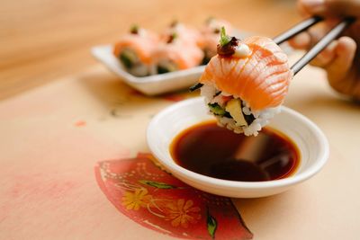 Close-up of sushi in plate