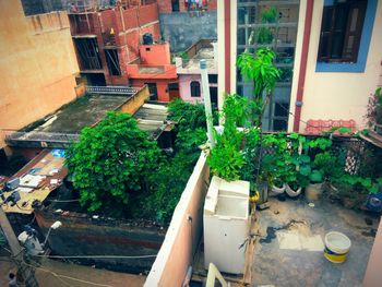 High angle view of street amidst buildings