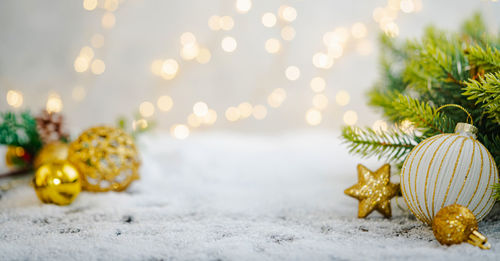 Christmas decorations on snow